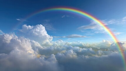 Beautiful vibrant double rainbow stretching across clear blue sky with bright sunlight and fluffy white clouds, stunning cloudscape background featuring large double rainbow arcing in right corner.