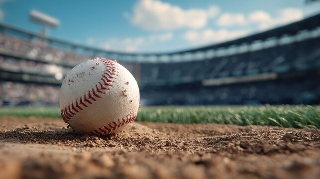 A close-up of a baseball sitting on the pitcher&acirc;s mound in a professional stadium. The dirt, grass, and bright blue sky create an exciting atmosphere, symbolizing competition and the spirit of the
