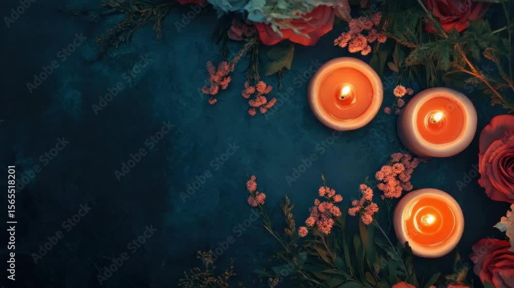 Poster three candles are lit on a table with flowers. the table is on a dark background