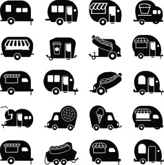 Silhouette Food Truck and Camper Vector Icons Set