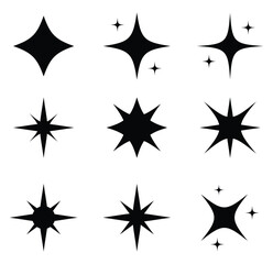 Sparkle Icons. Twinkle stars set. Shine star icons. Shine, glitter, twinkling star.  star shapes suggesting sparkle or cleanliness in solid black.