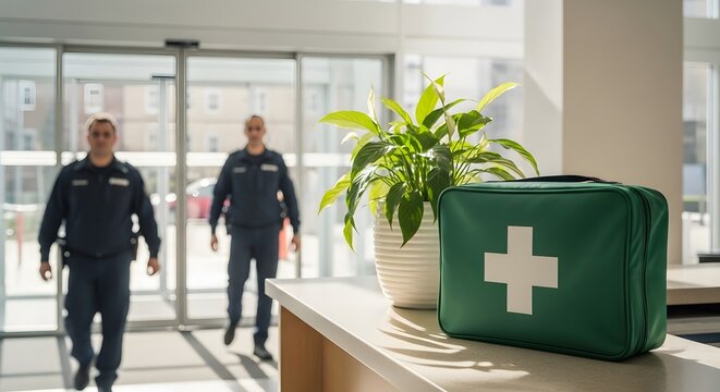 First aid kit rests near a plant with blurred security guards walking behind for emergency preparedness and assistance