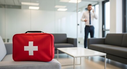 Bright red first aid kit with a white cross offers safety and preparedness in modern office or corporate environment for emergency situations.