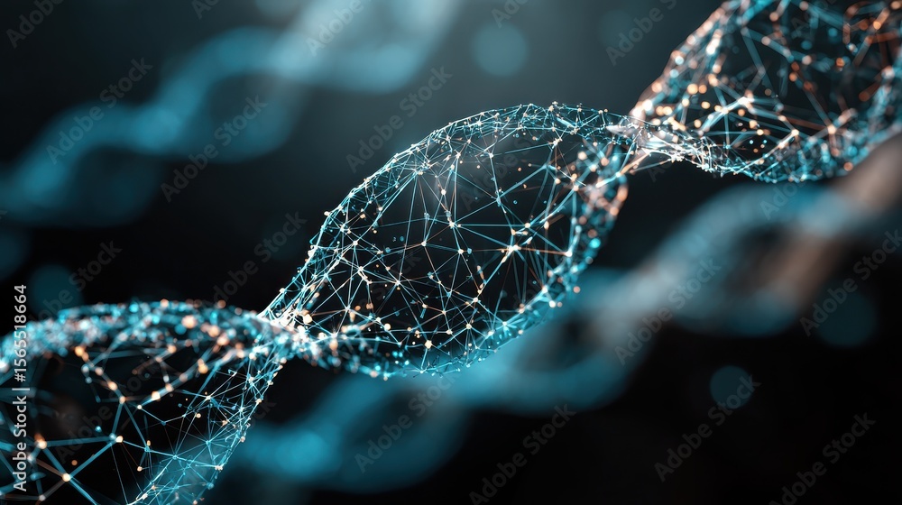 Poster a digital art representation of a dna helix with a network pattern