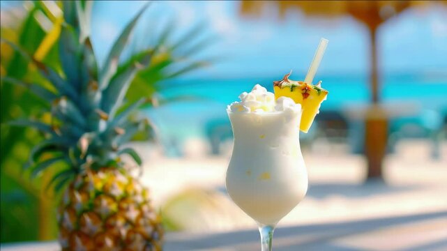 A refreshing tropical drink with a slice of pineapple on the rim, served at a beach bar overlooking a beautiful blue ocean.