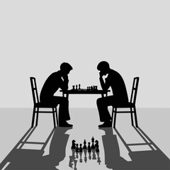 Silhouettes of two men playing chess at a table with dramatic shadows and reflections, symbolizing strategy, intellect, and concentration in a minimalistic setting.

