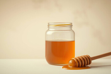 Honey Jar Mockup with Wooden Dipper and Gold Lid on Teal Background - Premium Product Presentation