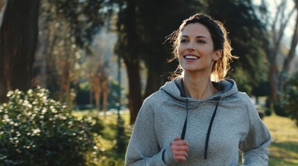 Smiling woman running charity marathon in the park