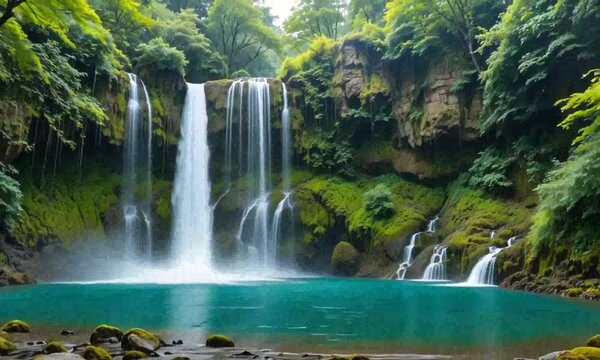 Panoramic beautiful deep forest waterfall 
