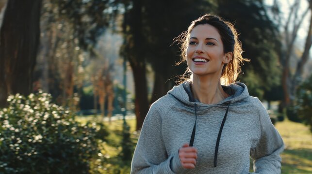 Smiling woman running charity marathon in the park
