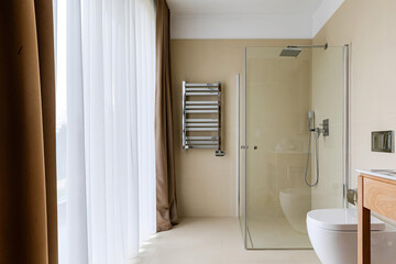 Modern bathroom interior in minimal scandinavian style, 3d render