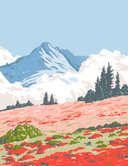 WPA style ukiyo-e or ukiyo illustration of the Cascade Pass and Pelton Basin in North Cascades National Park Washington State, USA done in retro style. © Redwater Vectors