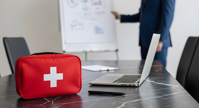 Workplace safety is important a first aid kit stands ready near laptop, ensuring health and preparedness during presentations and office emergencies.