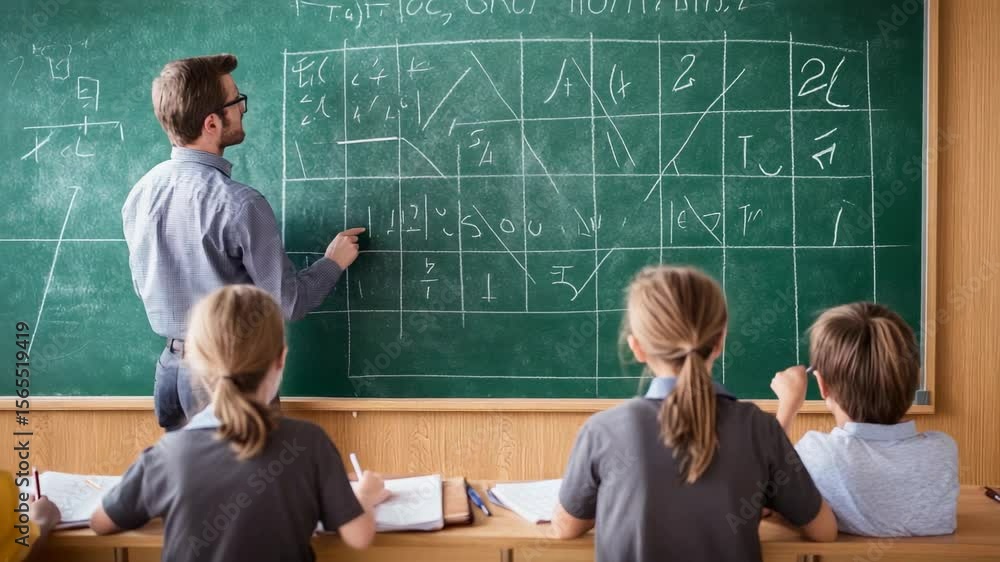 Poster Experienced educator gesturing near blackboard, delivering engaging lesson to focused young learners seated at classroom desks, creating dynamic learning atmosphere