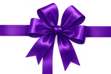 Purple glossy silk ribbon bow tied on transparent background, creating a festive and decorative element