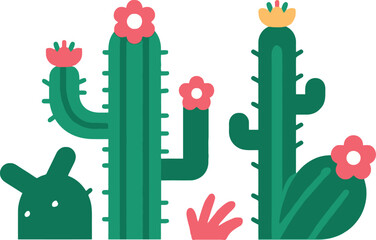 Botanical Desert Scene Featuring Three Cacti with Pink and Yellow Flowers and a Small Aloe Vera Plant