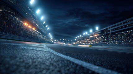 illuminated race track ready for action at night, capturing the vibrant lights and dynamic environment of a nighttime sports venue, ideal for racing events