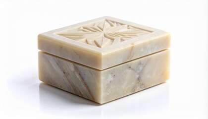 Carved Soapstone Box with Natural Veining on White Background