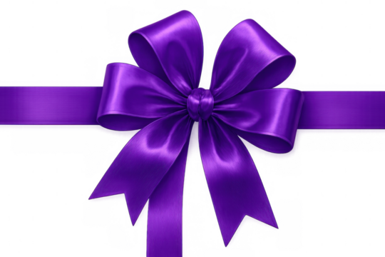 Purple glossy silk ribbon bow tied on transparent background, creating a festive and decorative element