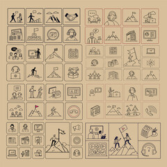 Minimalist line art illustration featuring a diverse grid of abstract shapes and elements