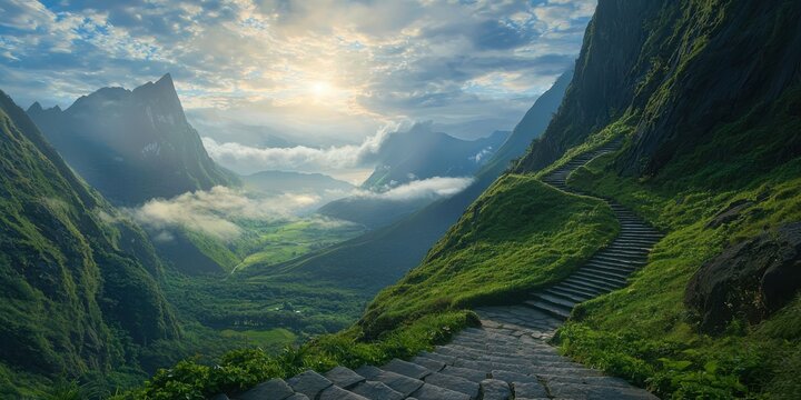A breathtaking sunrise over a lush green mountainous valley with a winding stone path leading into the misty distance.