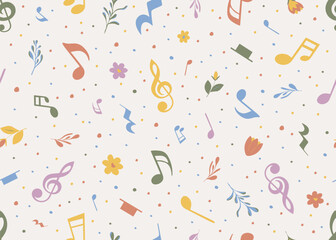 Musical seamless pattern. Endless background with musical notes and flowers for children’s fabrics, scrapbook, or music themed stationery. Pastel kids backdrop