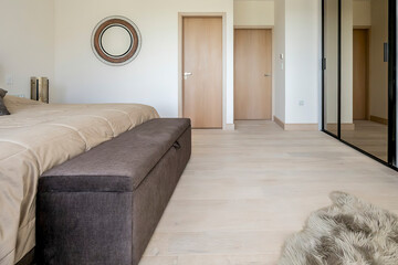 Modern luxury bedroom interior in minimal scandinavian style, 3d render