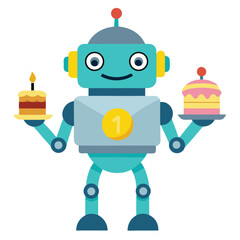 A friendly robot holding a birthday cake on a plain background, representing futuristic celebrations and technology