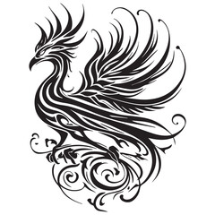 Fototapeta premium Elegant black tribal phoenix design with flowing wings and ornamental swirls on a white background