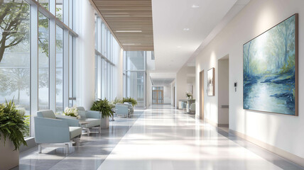Bright modern medical center hallway with sunlight and calming decor elements