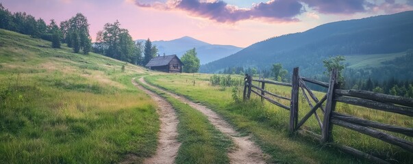 A peaceful countryside scene with a dirt path leading to a wooden cabin surrounded by green fields, rustic fences, and distant mountains under a pastel sky.