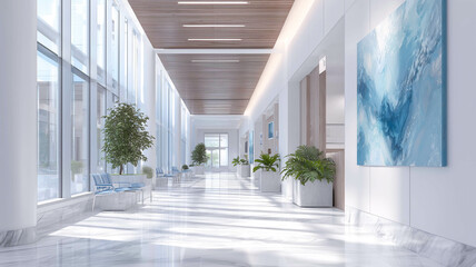Bright modern medical center hallway with sunlight and calming decor elements