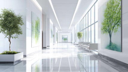 Bright modern medical center hallway with sunlight and calming decor elements