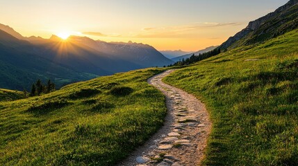 A sunlit mountain path winds through green hills with distant peaks under a clear sky during sunrise.