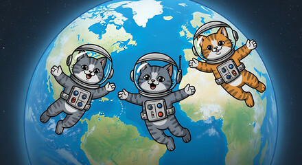Three Astronaut Cats Floating in Space A Purrfect Cosmic Adventure