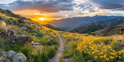 A vibrant mountain trail winds through a field of yellow wildflowers at sunset, with dramatic clouds and distant peaks in the background.