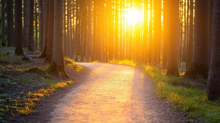A sunlit forest path winds through tall trees, illuminated by warm golden sunlight during what appears to be either sunrise or sunset.