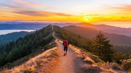 A hiker walks along a sunlit mountain ridge surrounded by trees during a vibrant sunset.