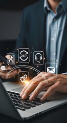 Manager shows customer service access on a laptop for communication and technical assistance in virtual support, using technology for business.