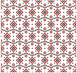 Traditional Ukrainian embroidery pattern with red and black geometric diamonds