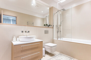 Modern bathroom interior in minimal scandinavian style, 3d render