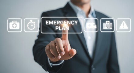 Fototapeta premium Emergency response concept shows a professional creating a crisis plan using a touchscreen interface for healthcare and safety.