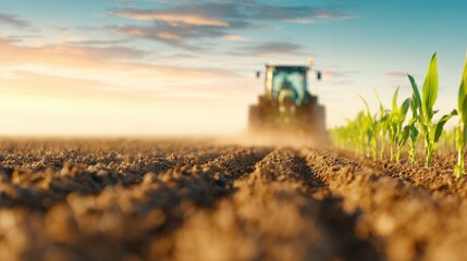 Fototapeta premium Tractor in dry cornfield at sunrise
