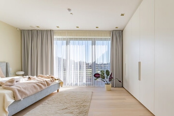 Modern luxury bedroom interior in minimal scandinavian style, 3d render