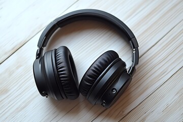 Sleek Black Headphones on a White Wooden Surface