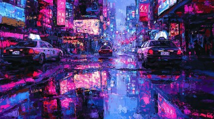 Fototapeta premium Neon-lit city street scene at night with reflections in puddles.