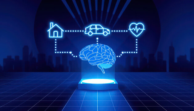 Conceptual 3D rendering showing brain connected to house, car, and heart icons.