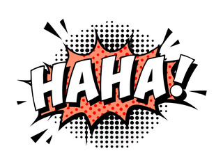 Sound effect bubble with exclamation ‘Haha!’ in retro halftone comic book style
