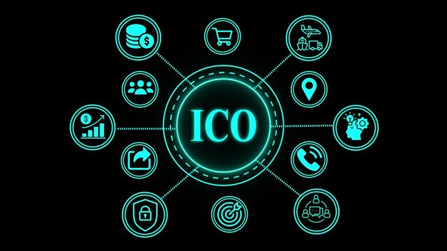 ICO Initial Coin Offering. Business, technology, internet and network concept. Digital technology background.businessman clicking digital coin on virtual interface for online finance and investment .