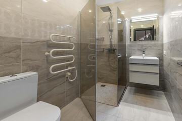 Modern bathroom interior in minimal scandinavian style, 3d render